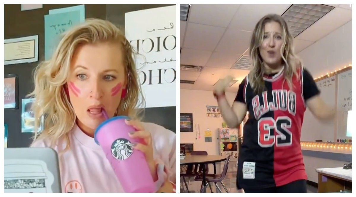 Woman drinking from a pink cup and a woman wearing a jersey