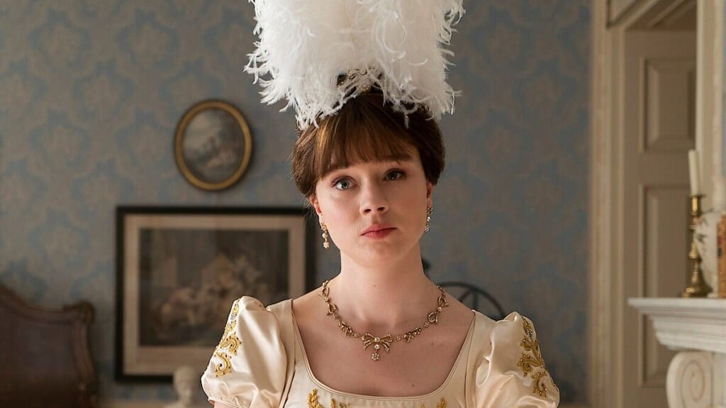 Bridgerton Eloise in a fancy feather hat