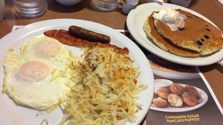plates of eggs, sausage and hash browns on a table