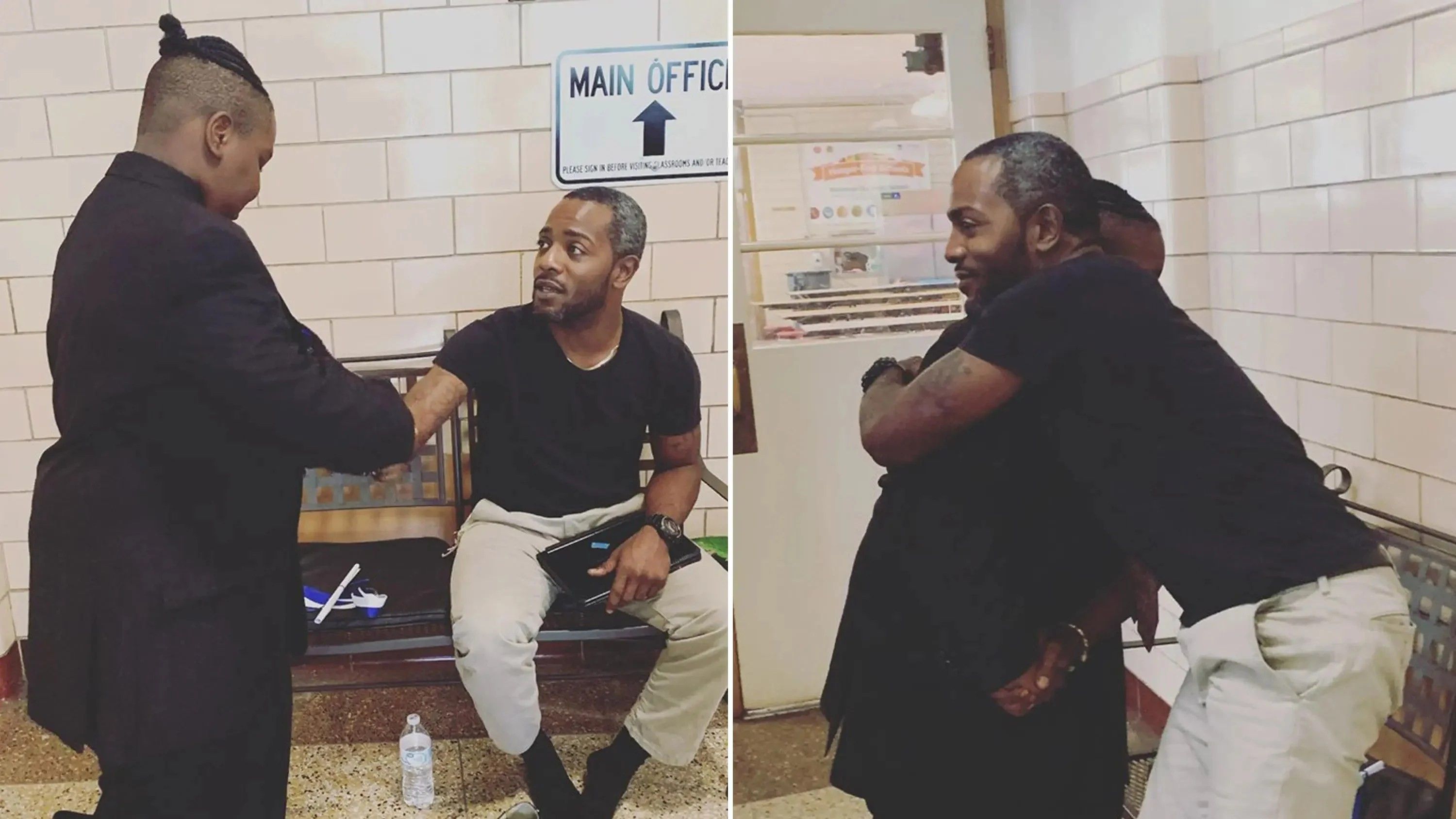 man hugging his student