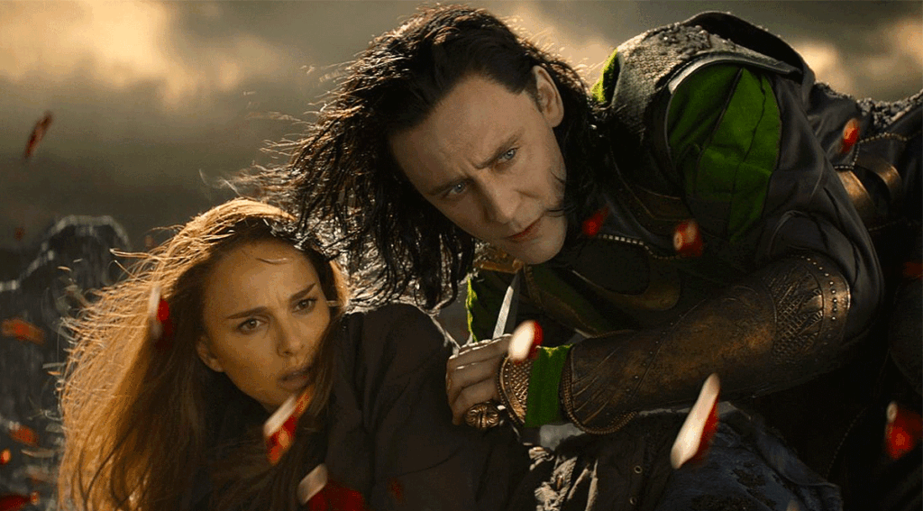 Natalie Portman as Jane Foster and Tom Hiddleston as Loki in Thor: The Dark World (2013)