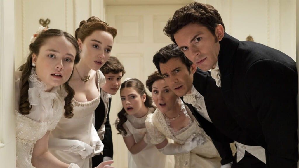 Bridgerton cast staring at viewer