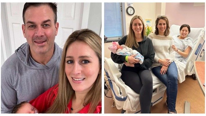 a man and his woman and three women sitting on a hospital bed