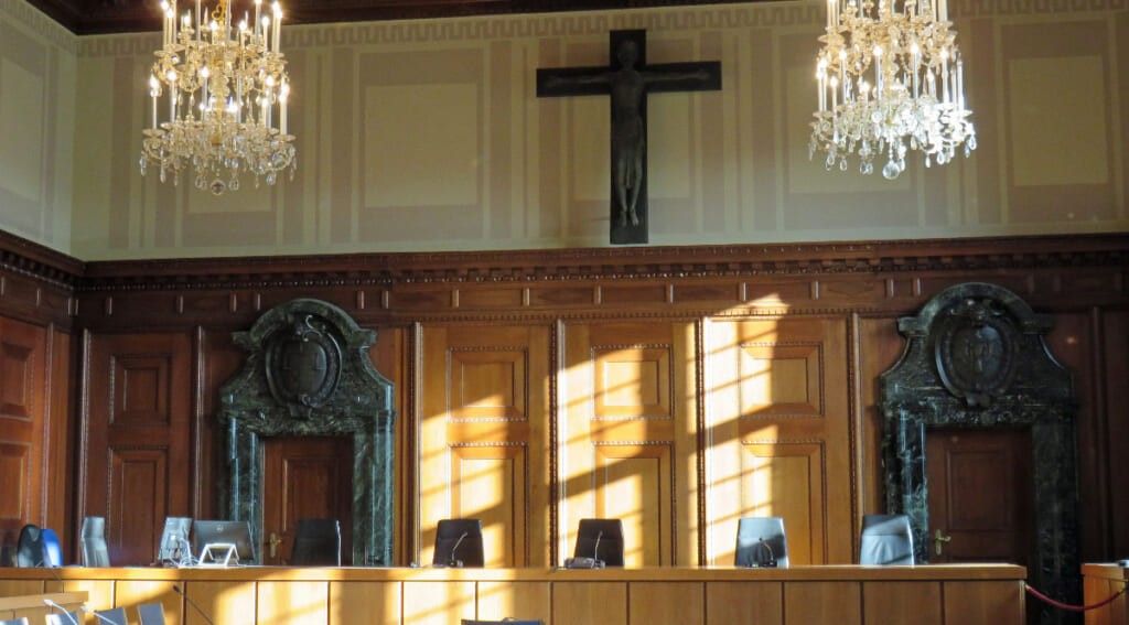 The inside of an empty court room
