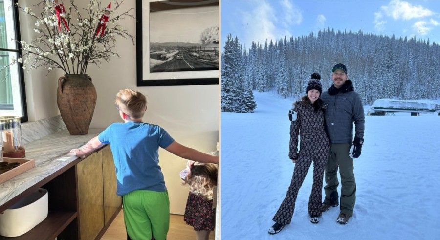 Chris Pratt and wife posing beside a picture of son Jack.