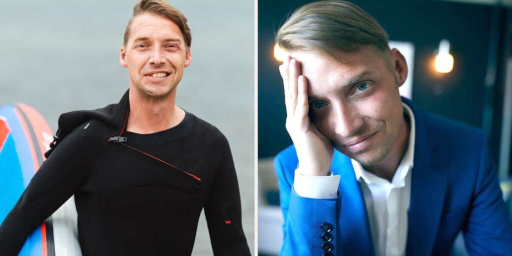 Mike Shoreman in a wetsuit and a blue suit