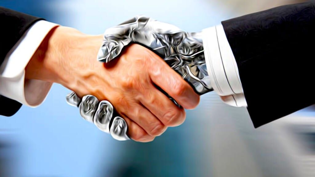 Robot shakes hands with human