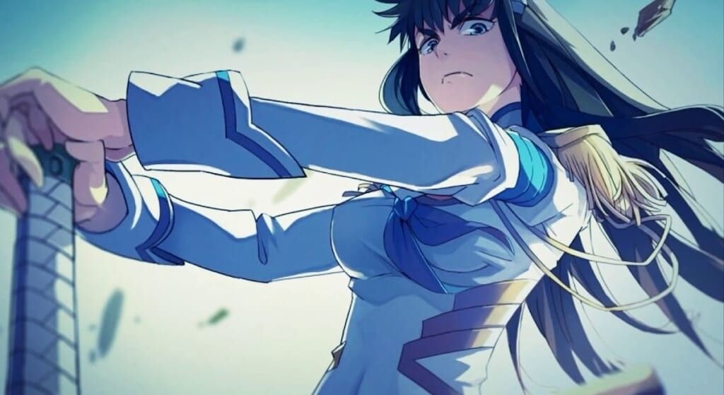 Kill la Kill Satsuki Kiry\u016bin holding a sword and staring down at the camera