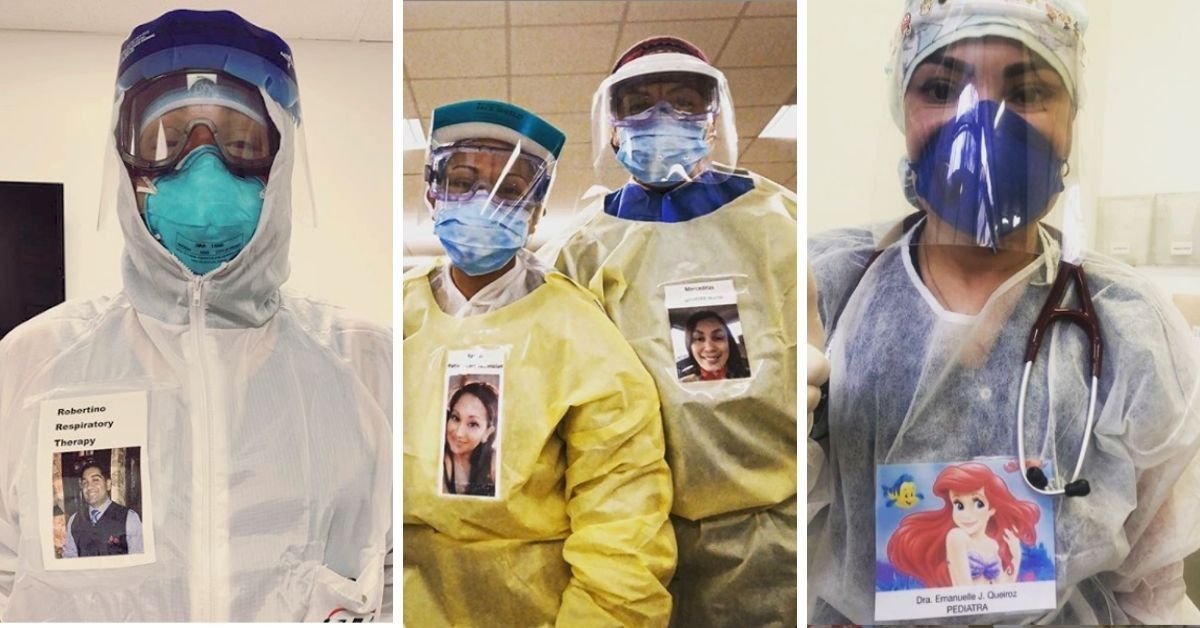 Healthcare Workers Wear Pictures of Themselves on Protective Suits To Connect With Patients