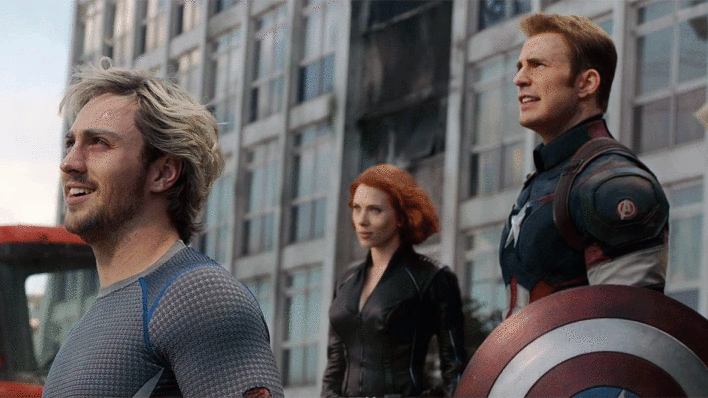 Quicksilver, Black Widow and Captain America in Avengers: Age of Ultron