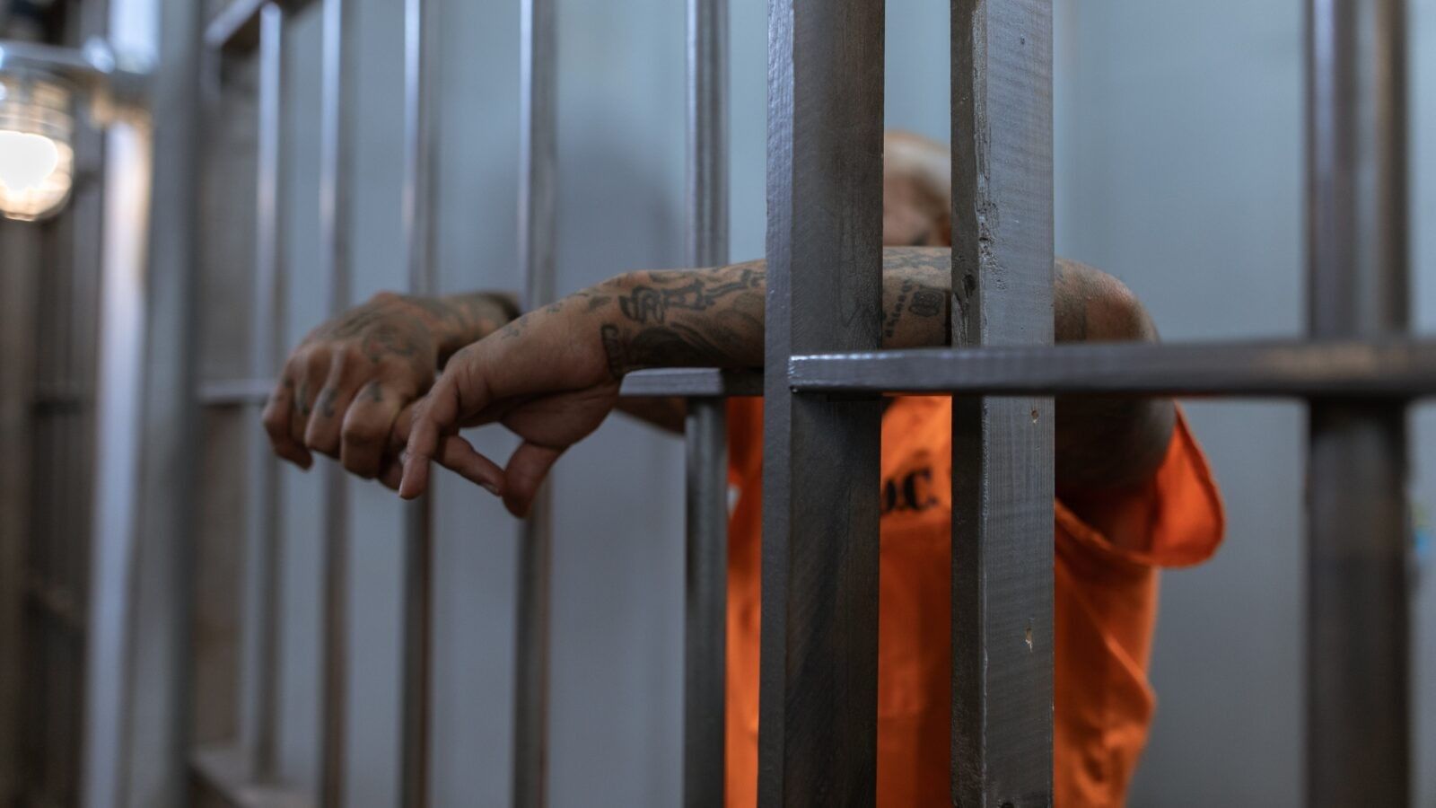 person in orange shirt with tattooed arms