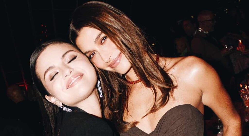 Selena Gomez and Hailey Bieber posing to the camera