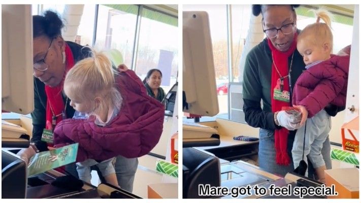 cashier letting little girl scan items at check out