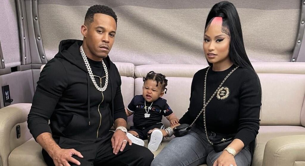 Nicki Minaj with son papa bear wearing all black.
