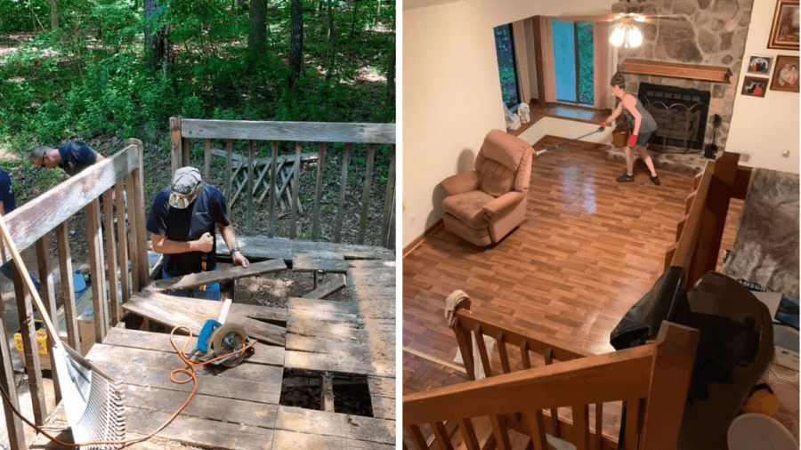 strangers cleaning up an elderly man