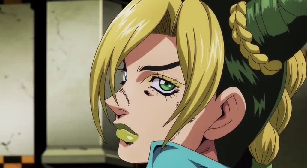 JoJo\u2019s Bizarre Adventure Jolyne Cujoh profile looking serious with green lipstick on.