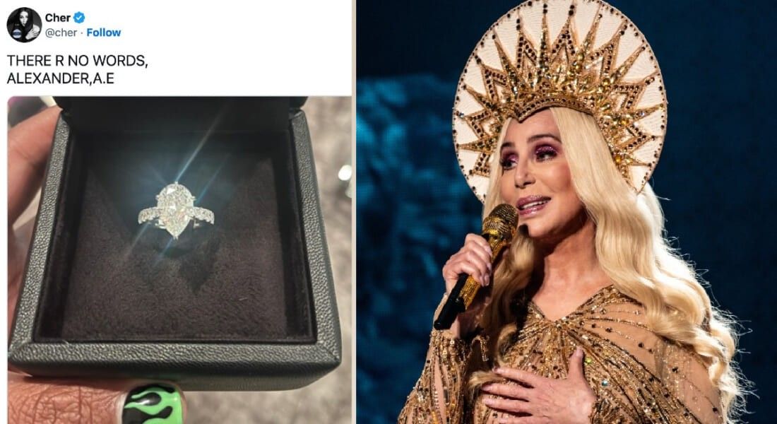 Cher in 2019 beside an image of her engagement ring.
