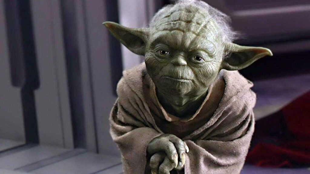 Yoda leaning on his cane in Star Wars Revenge of the Sith
