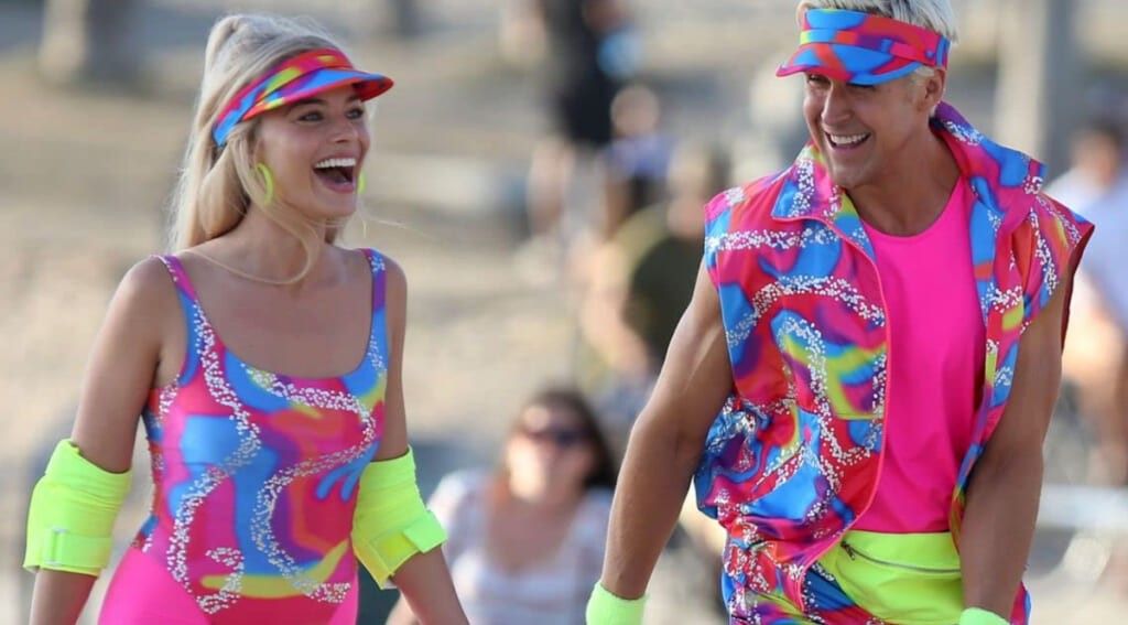 Margot Robbie and Ryan Gosling as Barbie and Ken on set of the Barbie live action movie