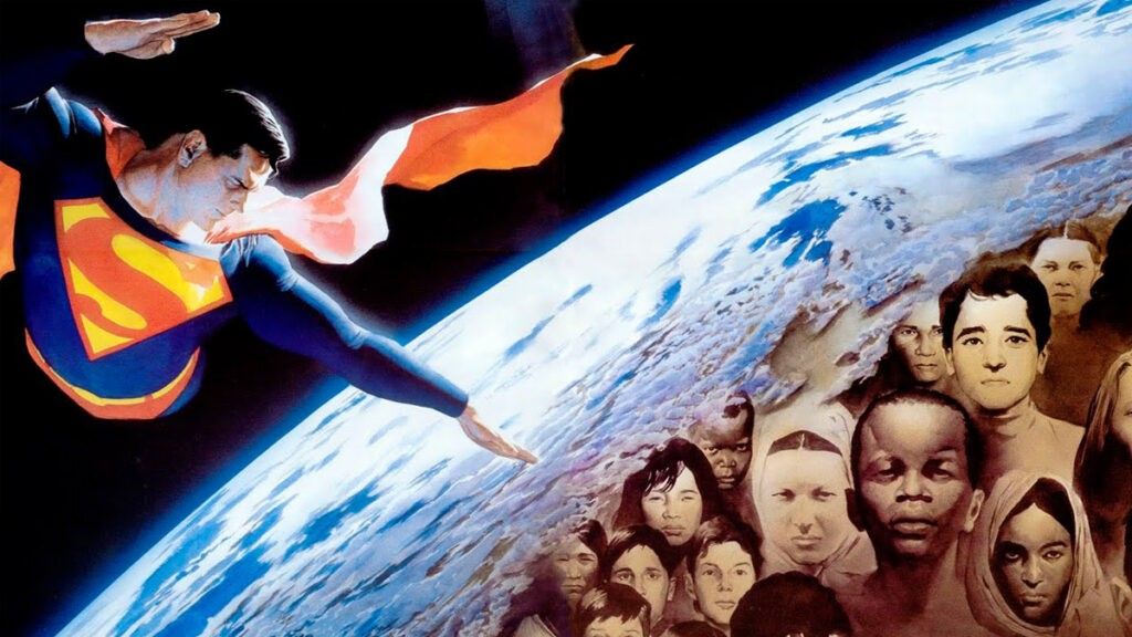 Superman by Alex Ross flying over the world and many people