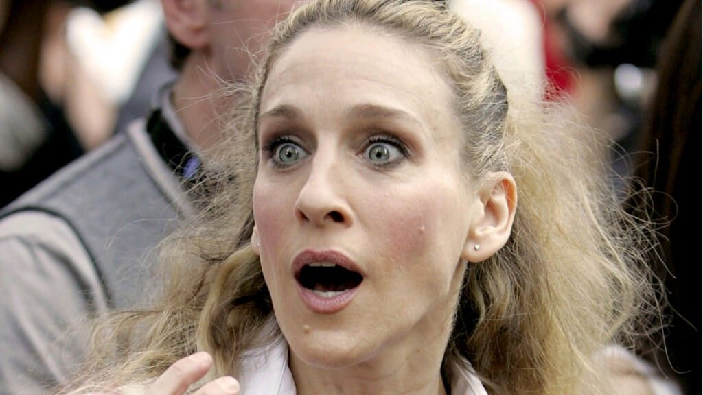 Carrie from Sex in the City looking shocked