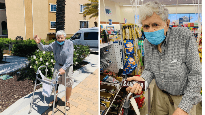 elderly man with walker buying Hershey