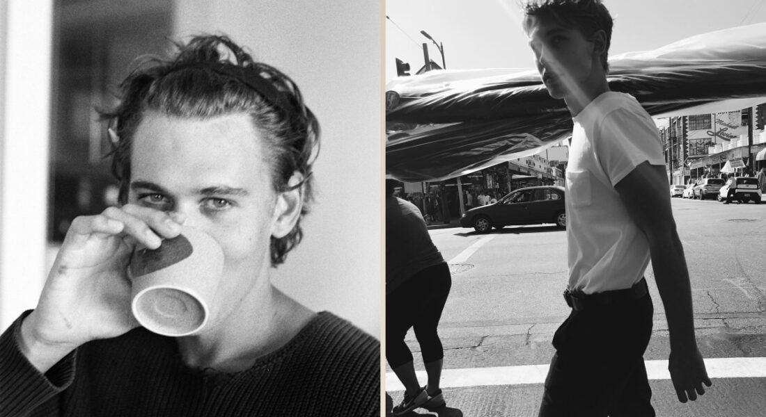 Austin Butler in black and white photos walking and drinking coffee.
