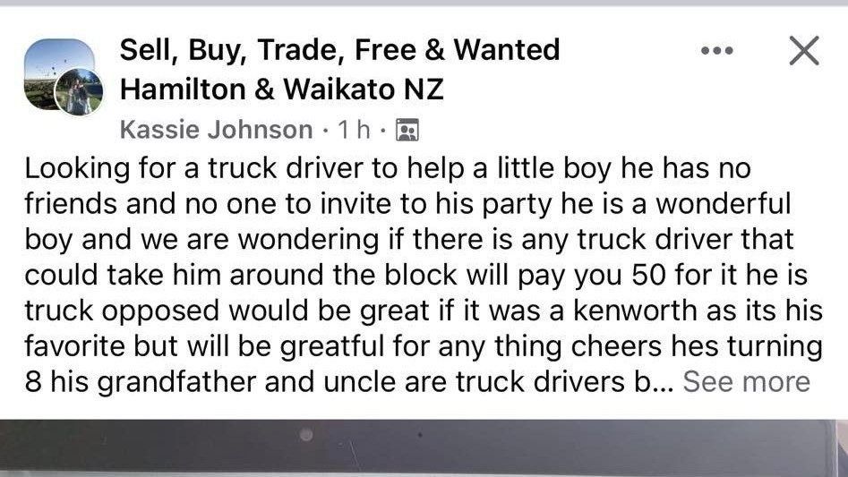 facebook post looking for a truck driver for lonely boy